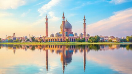 Obraz premium Majestic mosque reflected in tranquil waters at sunset, surrounded by lush greenery and cityscape