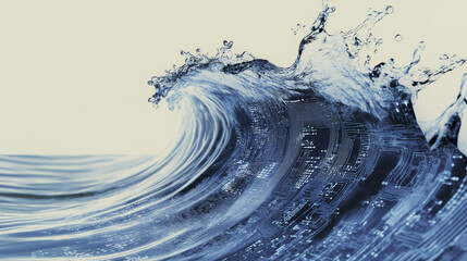 digital wave with circuit patterns flows dynamically, merging technology and nature in futuristic concept. blue tones and intricate details create sense of energy and innovation