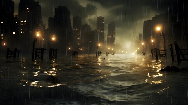 Aerial view of a city s streets and buildings submerged under rapidly rising floodwaters caused by a severe rainstorm