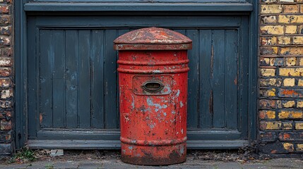 Vintage red postbox standing against a weathered wooden door in an urban setting