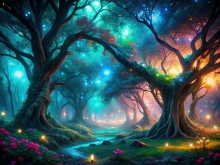 Magical Glowing Forest Branches, Night Fantasy Scene, Enchanting Nature Stock Photo