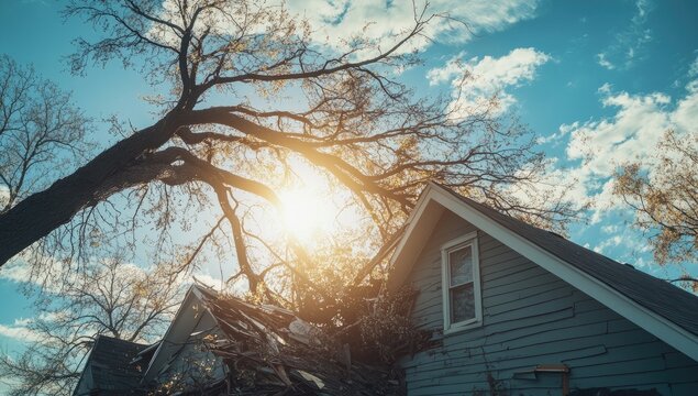 Damaged house, tree branches, storm, sunlight, neighborhood