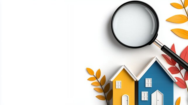 Colorful Miniature Houses, Magnifying Glass, And Autumn Leaves On White Background
