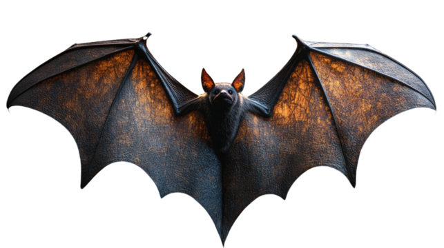 Bat in Flight: A mysterious bat, with its wings fully extended, showcases its unique, leathery wings and sharp features against a pristine backdrop.