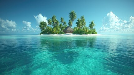 Serene tropical island with palm trees and a beachside hut under a clear blue sky