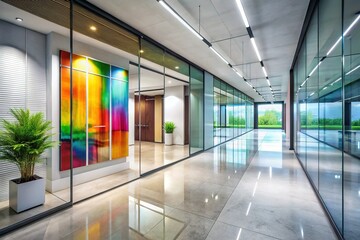 Fototapeta premium Modern Office Corridor Architecture: Sleek Glass Walls & Minimalist Design