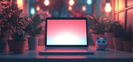 Laptop, Plants, and Cat Figurine in a Cozy Room with Warm Lighting