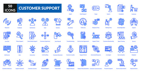 Customer support blue icon collection set. Includes service, help, assistance, call, chat, agent, headset, satisfaction, troubleshoot, inquiry, support, resolution, hotline, ticketing, guide
