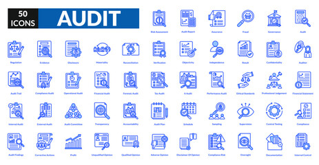 Audit blue icon collection set. Includes review, inspection, compliance, checklist, assessment, verification, examination, scrutiny, oversight, evaluation, certification, analysis, monitoring