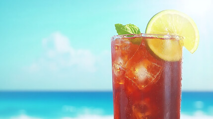 Refreshing Long Island Iced Tea with Lime and Mint on a Tropical Beach Background for Summer Vibes