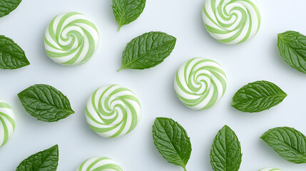 Refreshing Mint Candies and Leaves Arrangement on a White Surface with Spiraling Pattern Design