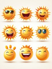 Cute suns. Sunshine emoji, cute smiling faces. Summer sunlight emoticons and morning sunny weather. Isolated funny smileys vector icons