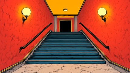 Colorful Stylized Interior Stairway With Teal Steps And Vintage Lighting