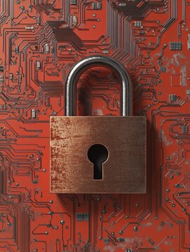 Digital Security A Padlock on a Circuit Board, 3D Render, Cyber Security, Data Protection, Digital Privacy