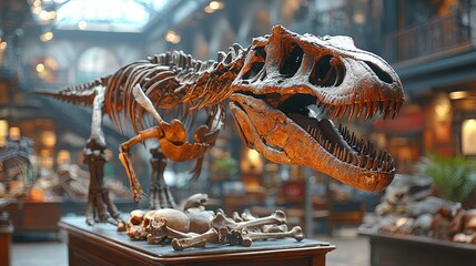 Detailed view of a dinosaur skeleton displayed prominently in a museum with visitors observing in the background