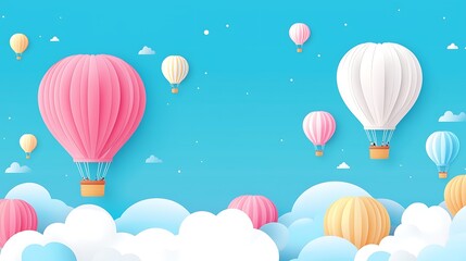 Colorful Hot Air Balloons Floating in a Bright Blue Sky with Fluffy White Clouds