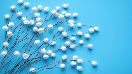 White cotton flower branches on a blue background