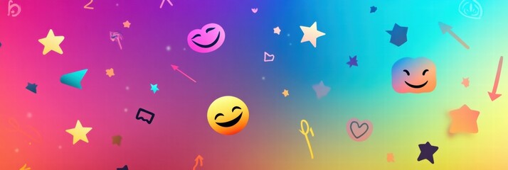 Colorful background with playful emojis and symbols in a vibrant gradient design suitable for digital art projects. Generative AI