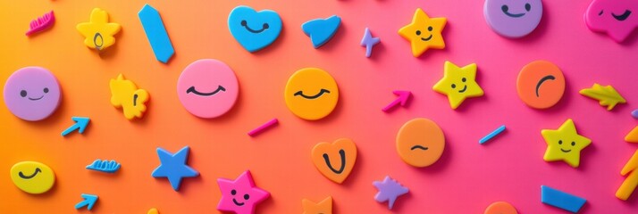 Fototapeta premium Colorful assortment of playful shapes and icons on a vibrant background. Generative AI