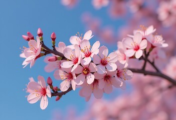 Obraz premium Generative AI Pink Cherry Blossoms Blooming Against a Clear Blue Sky