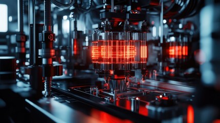 High-tech automated manufacturing process of microchips with red glowing components.