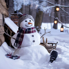 Cheerful snowman in a snowy village scene during winter