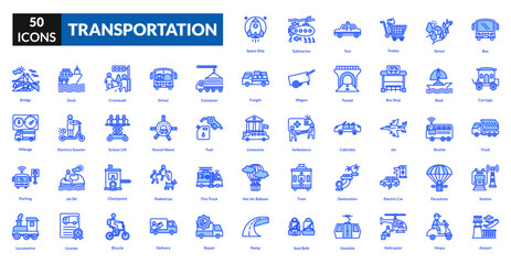 Transportation blue icon collection set. Includes vehicle, logistics, shipping, delivery, cargo, truck, train, airplane, ferry, route, highway, freight, mobility, transit, journey, tram