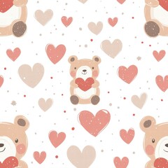 Cute bear pattern with hearts in soft pastel colors suitable for childrens decor and festive celebrations. Generative AI