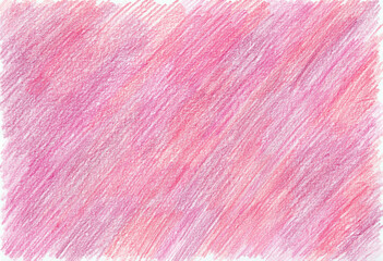 Abstract pink background. Red, purple, coral colors. Filled with texture drawn with colored pencils. Diagonal strokes. Different shades and blurs. A white background can be seen in the heavens.