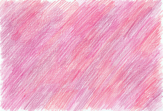 Abstract pink background. Red, purple, coral colors. Filled with texture drawn with colored pencils. Diagonal strokes. Different shades and blurs. A white background can be seen in the heavens.