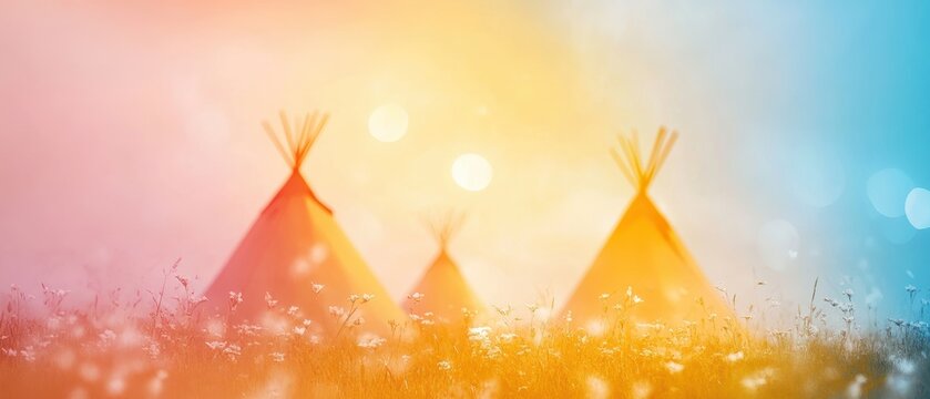 Native American teepees in colorful sunset with magical bokeh effects, outdoor camping scene, cultural heritage, and nature background imagery.