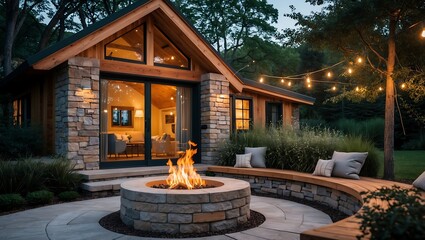 House with a fireplace and a stone wall