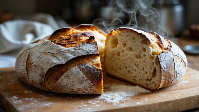 Piece of bread is cut in half and has a lot of steam coming out of it