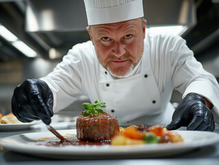 Professional Chef Plating Gourmet Dish – Determined Focus in Modern Kitchen, Culinary Excellence

