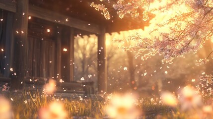 Serene Sunset at Cherry Blossom Temple