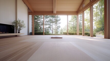 Modern Japanese Style Home Interior with Forest View
