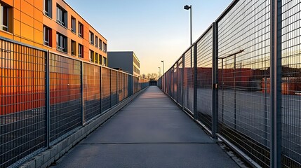 Obraz premium Empty Gravel Path Between Fences At Sunset