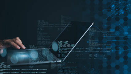 Programmer and cyber security technology, Digital technology, Software development concept. Coding...