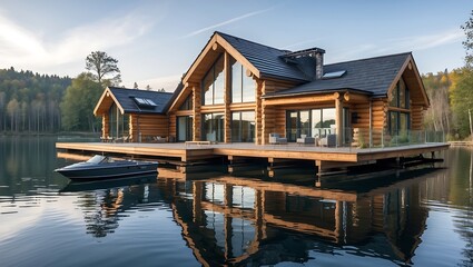 Fototapeta premium Large house with a boat in the water