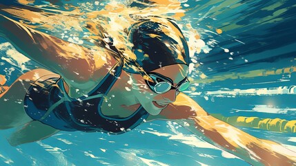 Energetic Female Swimmer Competing With Focus in a Dynamic Underwater Scene