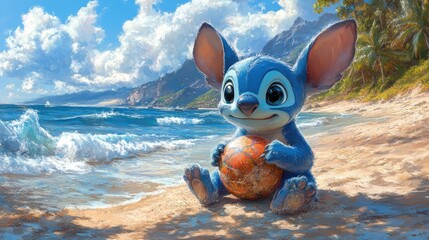 Cute blue character sitting on a beach holding a ball, with waves and mountains in the background