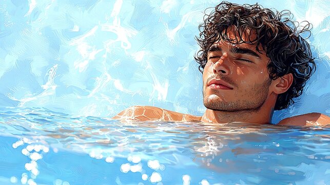Young man relaxing in clear blue water under warm sunlight