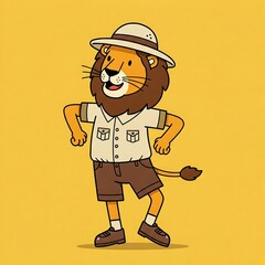 Energetic Cartoon Lion Dancing in Safari Outfit, Flat Vector Illustration, Light Yellow Background, Dynamic Style, Suitable for Animated Designs