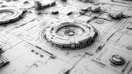Abstract Futuristic Technology Design:  A 3D Render of a Complex Circuit Board with Circular Components