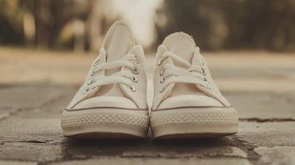 White canvas shoes outdoors, park background, lifestyle photo
