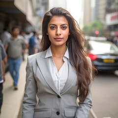Obraz premium Young businesswoman standing confidently at city street