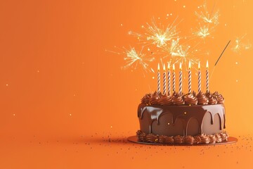 Orange background, 3D chocolate birthday cake with sparklers.