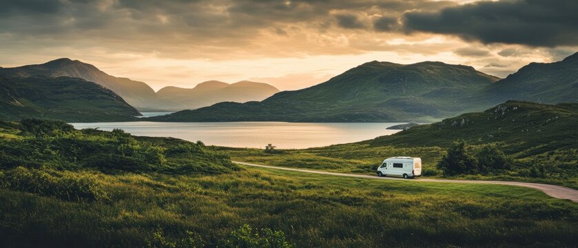RV camping at serene lakeside with mountain views during sunset, perfect for outdoor adventure and travel enthusiasts looking for scenic landscapes.
