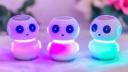 Fototapeta premium Row of Three Luminous Robot Figurines with Glowing Eyes and Colorful Bodies on White Surface