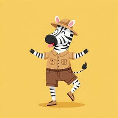Cheerful cartoon zebra having fun and dancing in Safari Outfit, vector flat illustration, safari theme, light yellow background, suitable for greeting cards or invitations